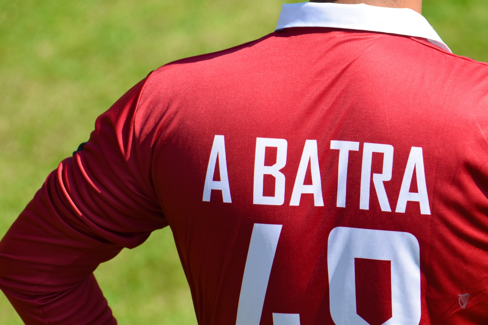 The back of Aman’s cricket jersey with A BATRA and number 48