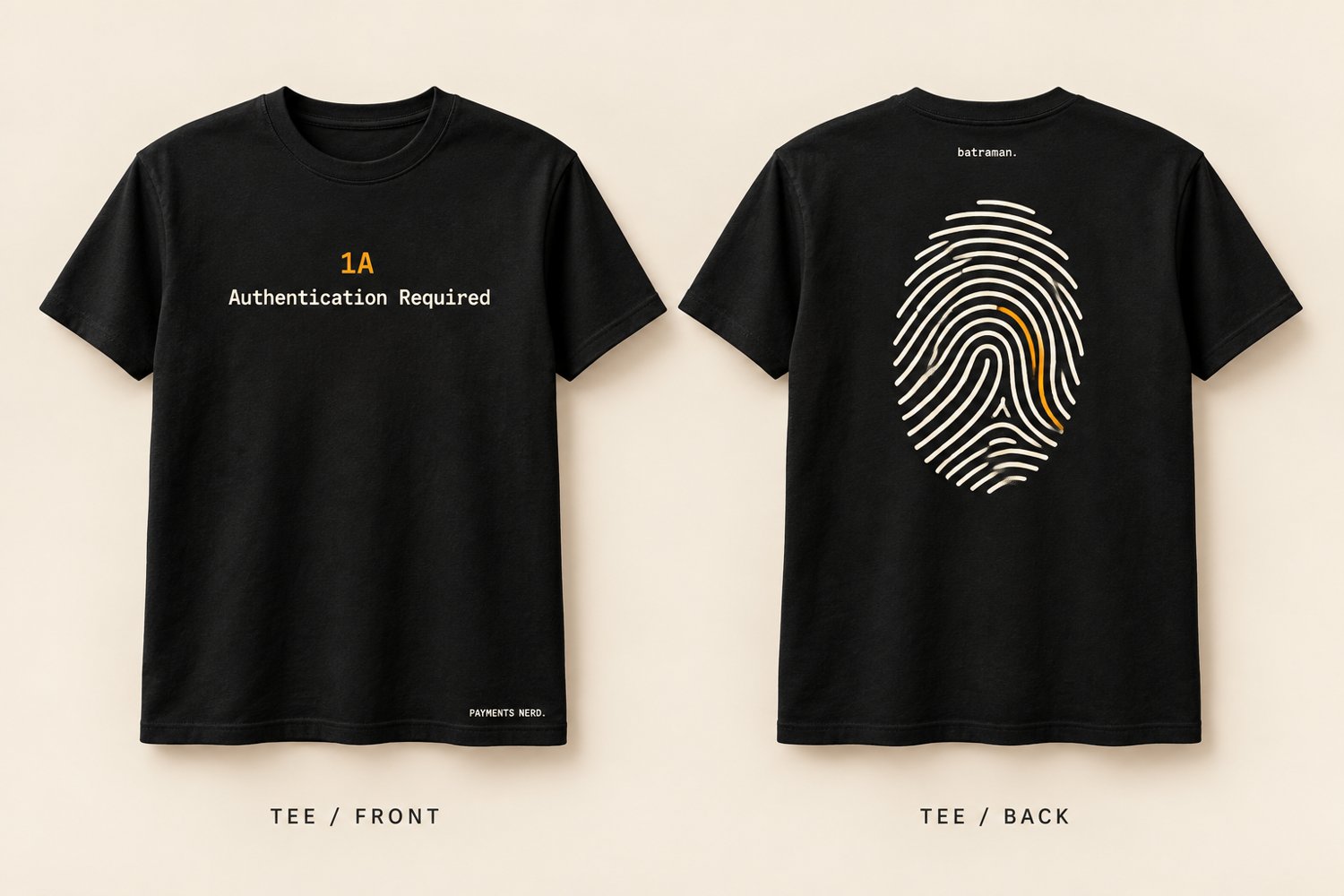 Black tee with amber 1A and Authentication Required on the front and fingerprint artwork on the back