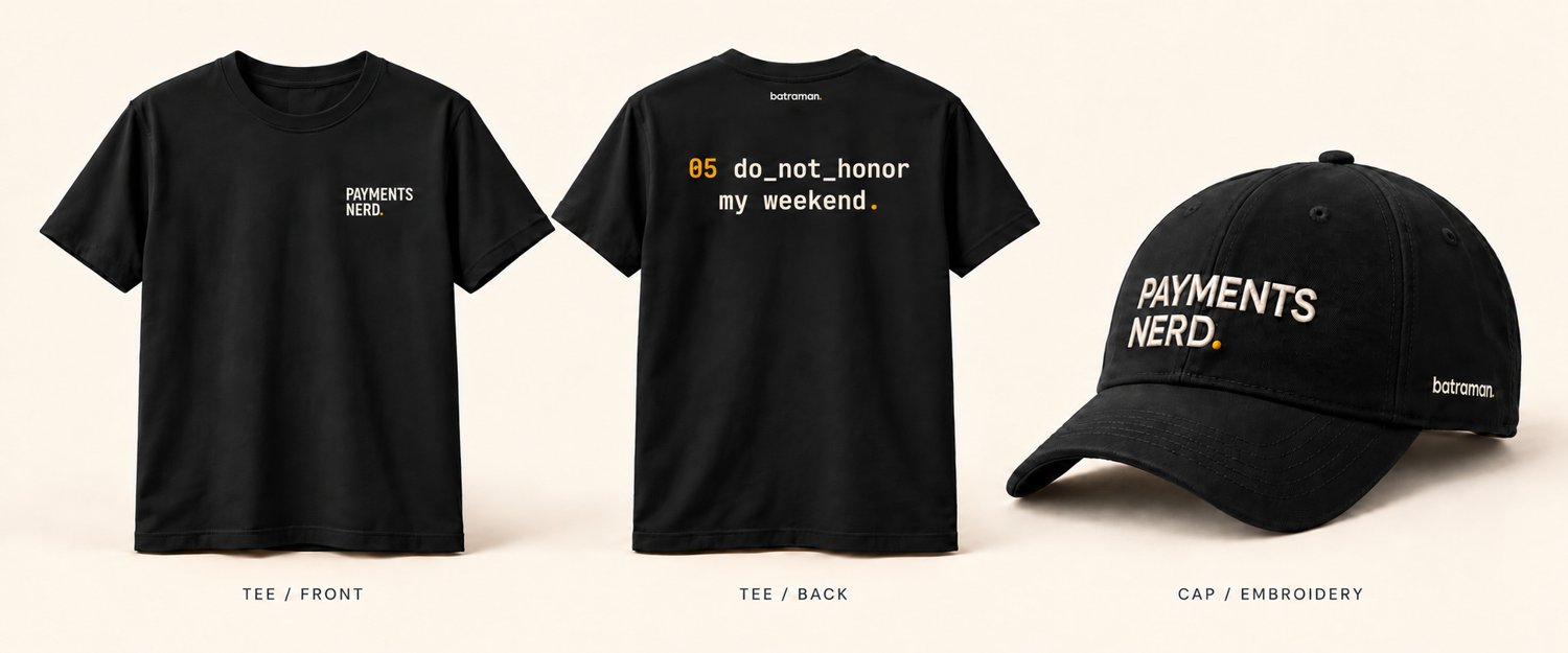 Payments Nerd tee front, two-line 05 do_not_honor / my weekend. back design, and matching cap